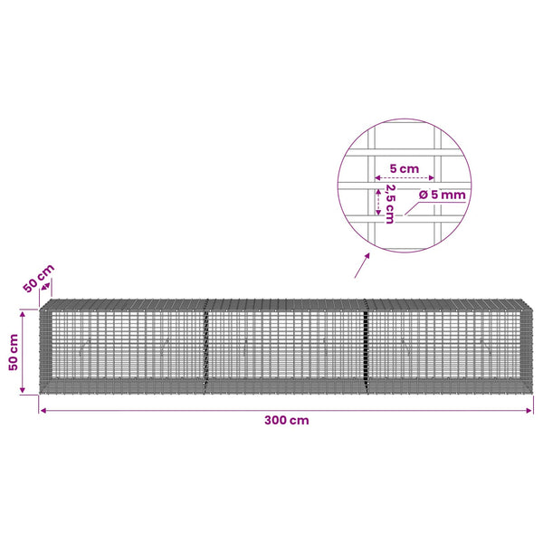 Gabion 5 mm langasta ja 5x2,5 cm verkosta 300x50x50 cm