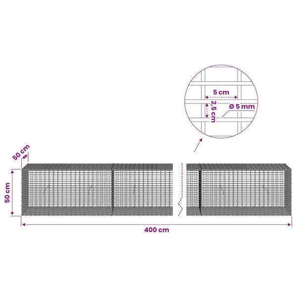 Gabion 5 mm langasta ja 5x2,5 cm verkosta 400x50x50 cm