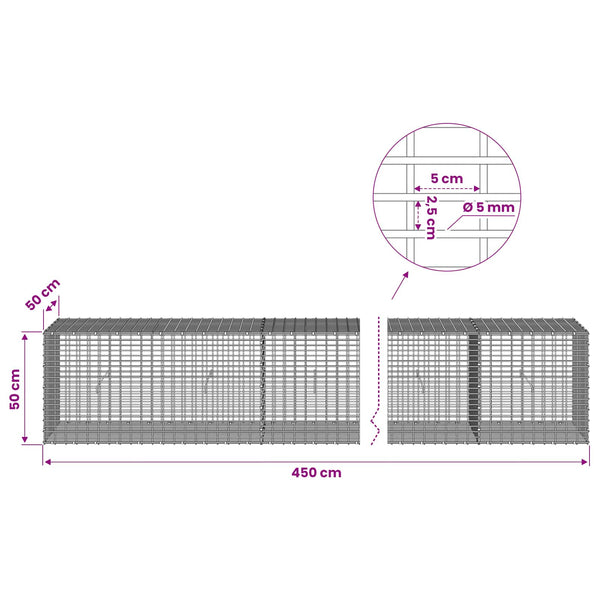 Gabion 5 mm langasta ja 5x2,5 cm verkosta 450x50x50 cm