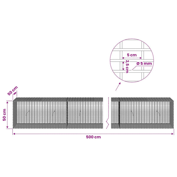 Gabion 5 mm langasta ja 5x2,5 cm verkosta 500x50x50 cm