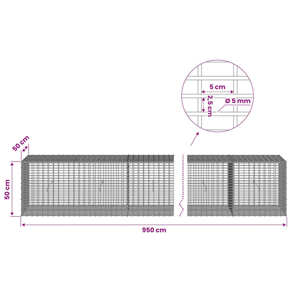 Gabion 5 mm langasta ja 5x2,5 cm verkosta 950x50x50 cm