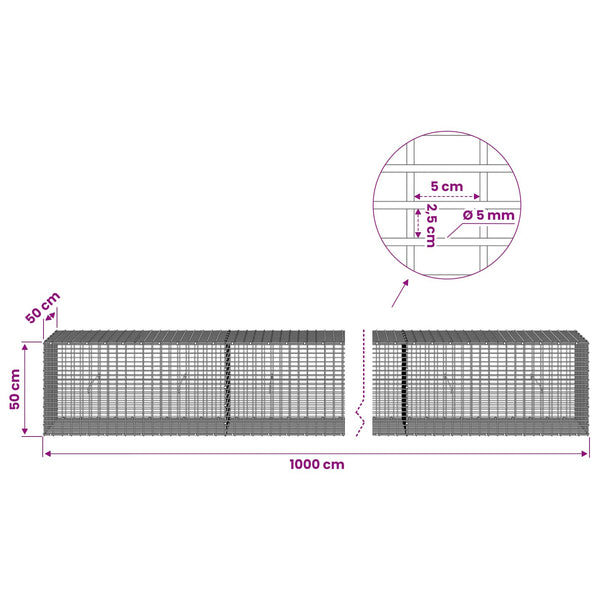 Gabion 5 mm langasta ja 5x2,5 cm verkosta 1000x50x50 cm