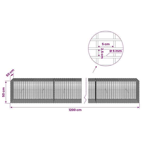 Gabion 5 mm langasta ja 5x2,5 cm verkosta 1200x50x50 cm