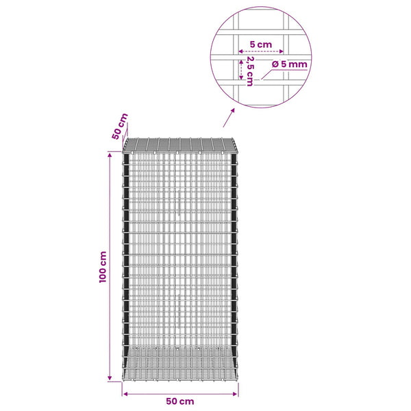 Gabion 5 mm langasta ja 5x2,5 cm verkosta 50x50x100 cm