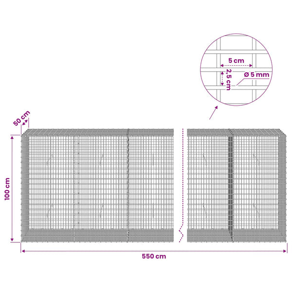 Gabion 5 mm langasta ja 5x2,5 cm verkosta 550x50x100 cm