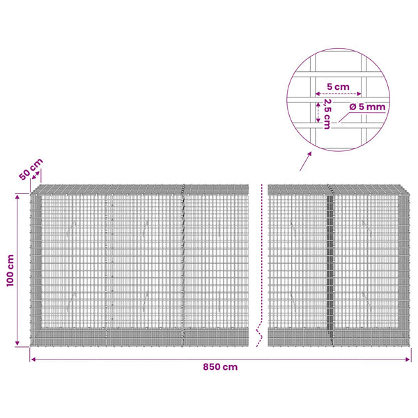 Gabion 5 mm langasta ja 5x2,5 cm verkosta 850x50x100 cm
