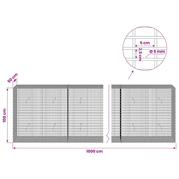 Gabion 5 mm langasta ja 5x2,5 cm verkosta 1000x50x100 cm