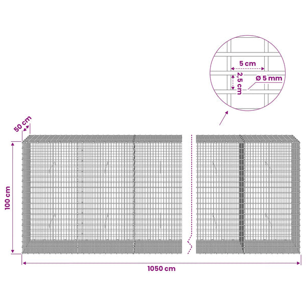 Gabion 5 mm langasta ja 5x2,5 cm verkosta 1050x50x100 cm