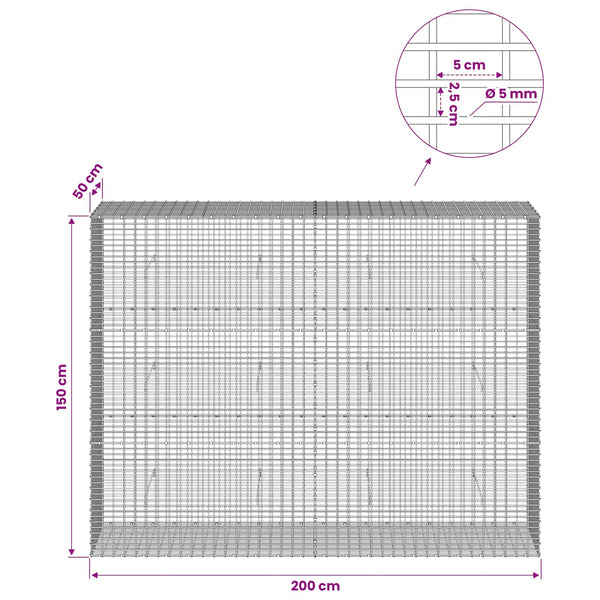 Gabion 5 mm langasta ja 5x2,5 cm verkosta 200x50x150 cm