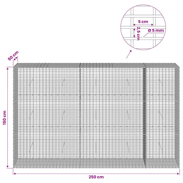 Gabion 5 mm langasta ja 5x2,5 cm verkosta 250x50x150 cm