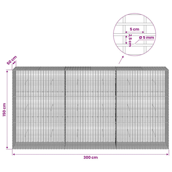 Gabion 5 mm langasta ja 5x2,5 cm verkosta 300x50x150 cm