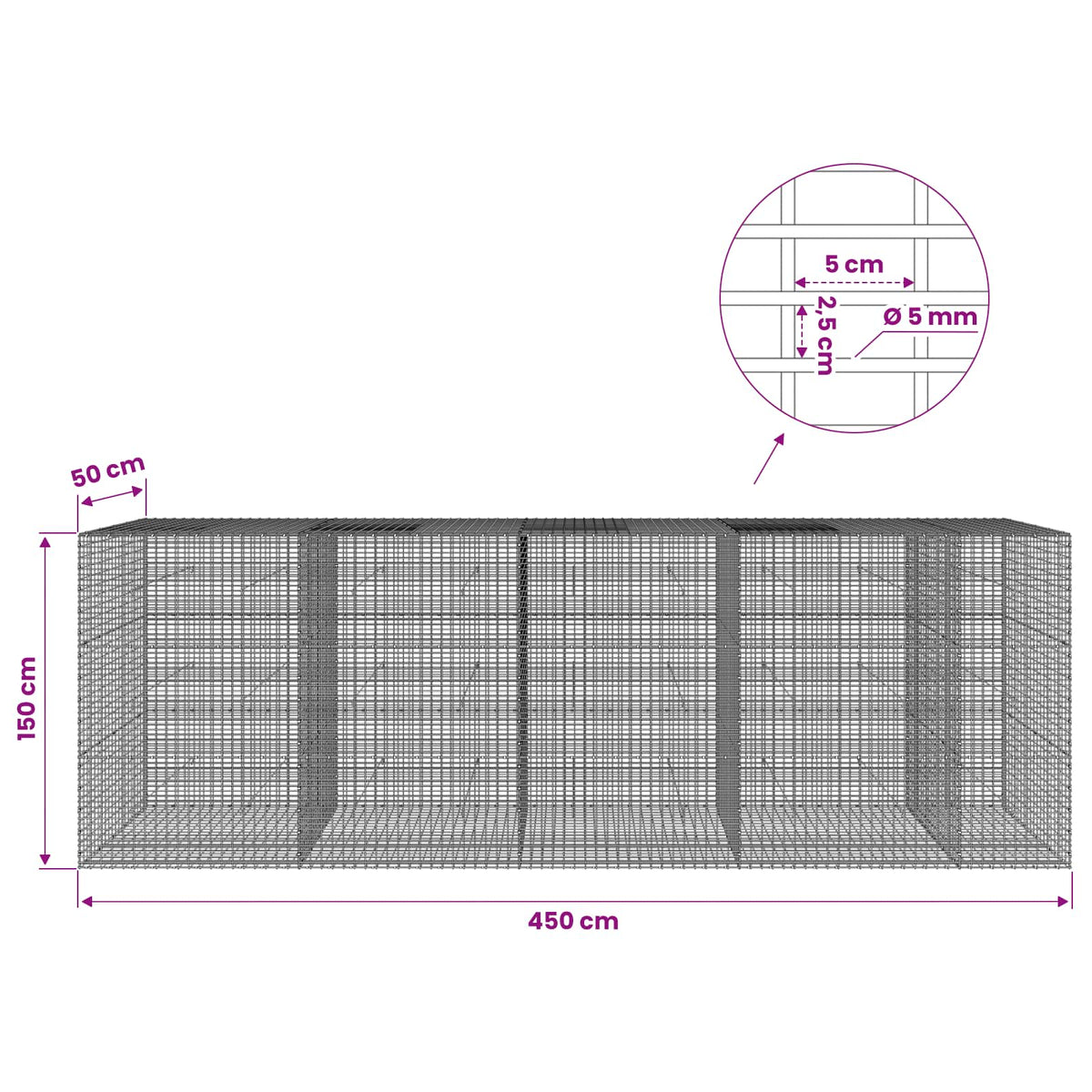 Gabion 5 mm langasta ja 5x2,5 cm verkosta 450x50x150 cm