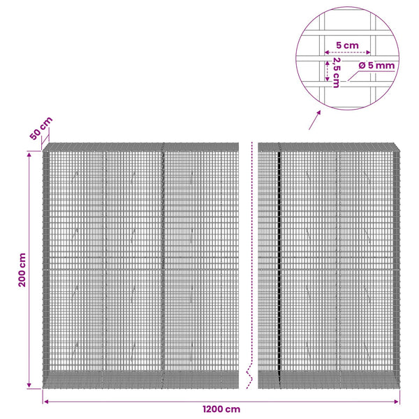 Gabion 5 mm langasta ja 5x2,5 cm verkosta 1200x50x200 cm