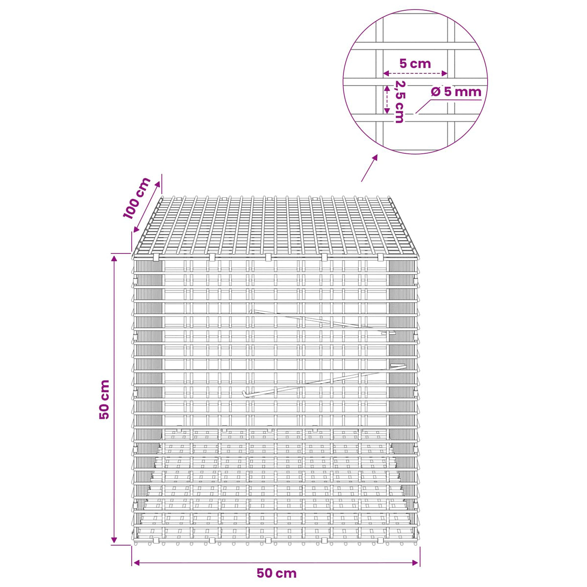 Gabion 5 mm langasta ja 5x2,5 cm verkosta 50x100x50 cm