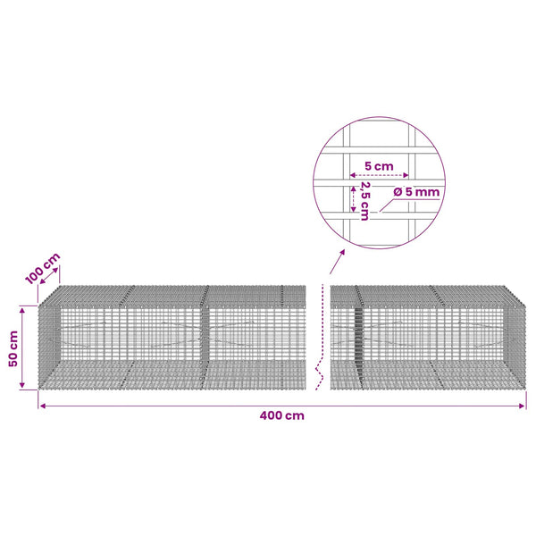 Gabion 5 mm langasta ja 5x2,5 cm verkosta 400x100x50 cm