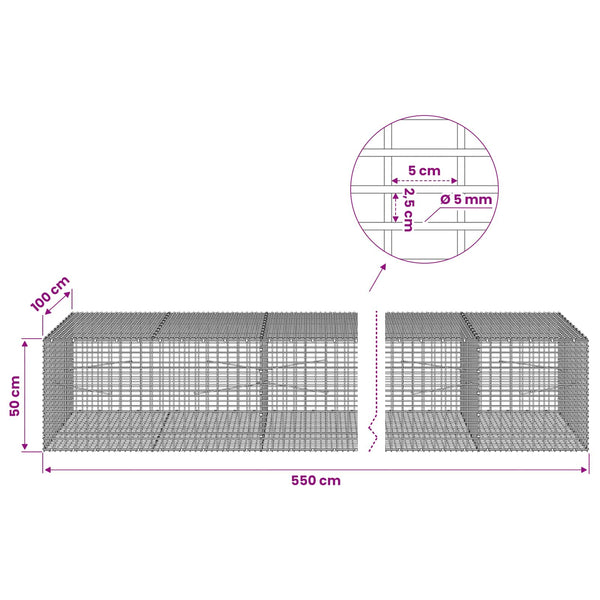 Gabion 5 mm langasta ja 5x2,5 cm verkosta 550x100x50 cm