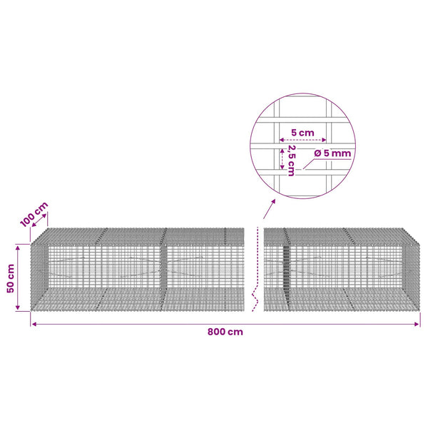 Gabion 5 mm langasta ja 5x2,5 cm verkosta 800x100x50 cm