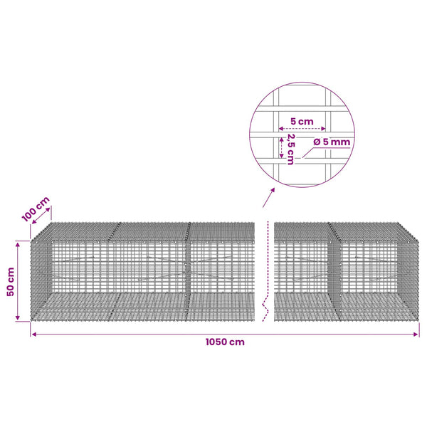 Gabion 5 mm langasta ja 5x2,5 cm verkosta 1050x100x50 cm