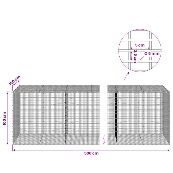 Gabion 5 mm langasta ja 5x2,5 cm verkosta 500x100x100 cm