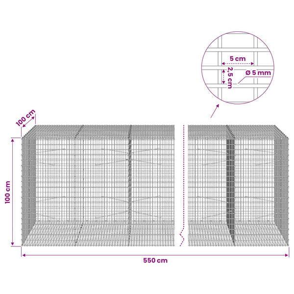 Gabion 5 mm langasta ja 5x2,5 cm verkosta 550x100x100 cm