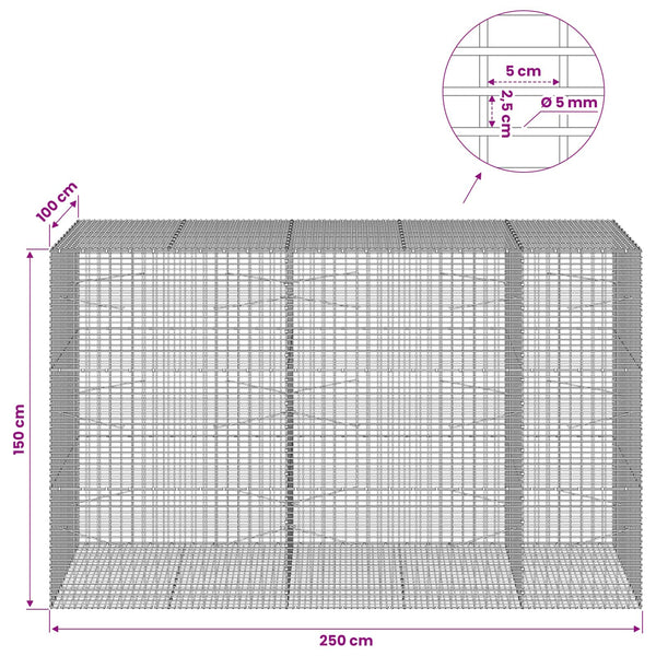 Gabion 5 mm langasta ja 5x2,5 cm verkosta 250x100x150 cm