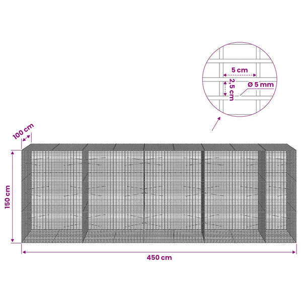 Gabion 5 mm langasta ja 5x2,5 cm verkosta 450x100x150 cm