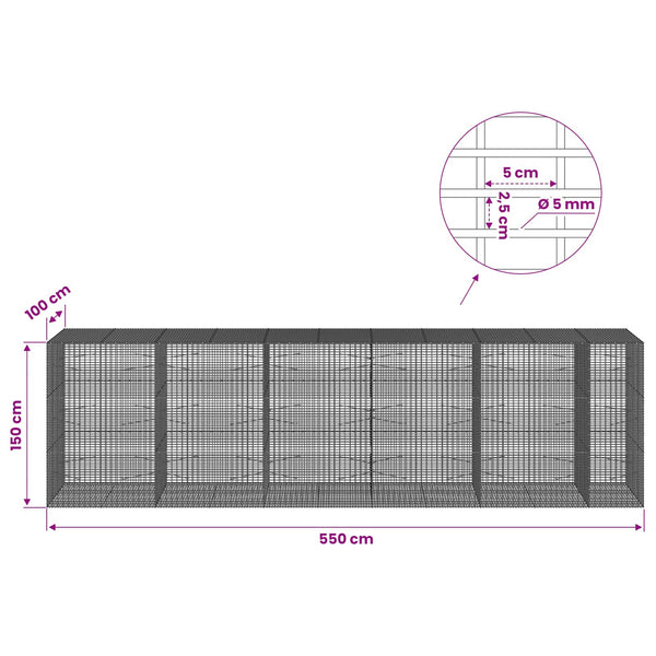 Gabion 5 mm langasta ja 5x2,5 cm verkosta 550x100x150 cm
