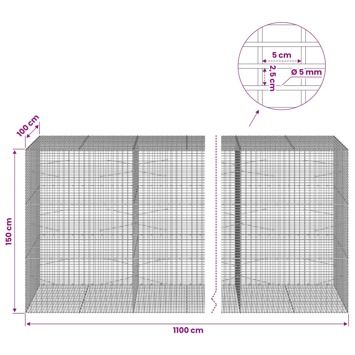 Gabion 5 mm langasta ja 5x2,5 cm verkosta 1100x100x150 cm