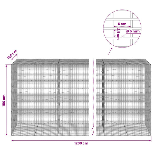 Gabion 5 mm langasta ja 5x2,5 cm verkosta 1200x100x150 cm