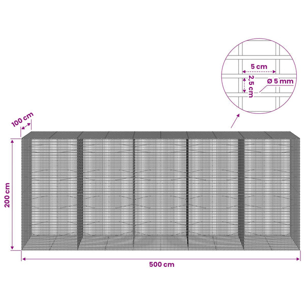 Gabion 5 mm langasta ja 5x2,5 cm verkosta 500x100x200 cm