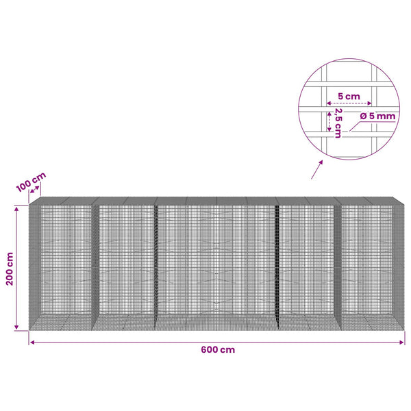 Gabion 5 mm langasta ja 5x2,5 cm verkosta 600x100x200 cm