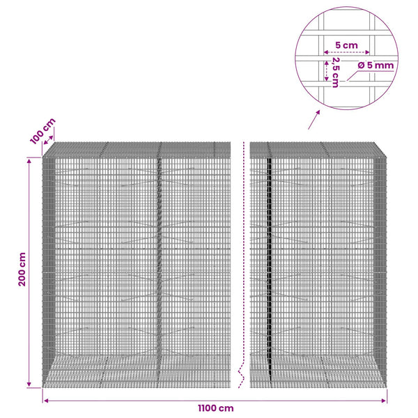 Gabion 5 mm langasta ja 5x2,5 cm verkosta 1100x100x200 cm