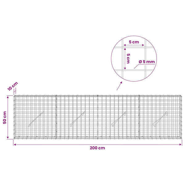Gabion 5 mm langasta ja 5x5 cm verkosta 200x10x50 cm