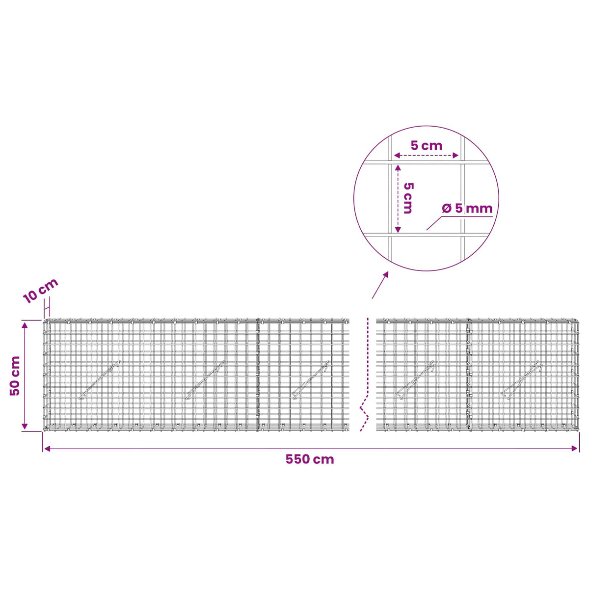 Gabion 5 mm langasta ja 5x5 cm verkosta 550x10x50 cm