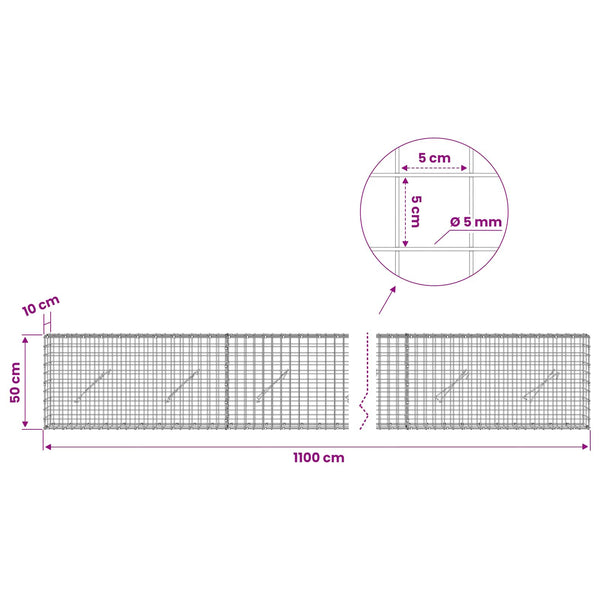 Gabion 5 mm langasta ja 5x5 cm verkosta 1100x10x50 cm