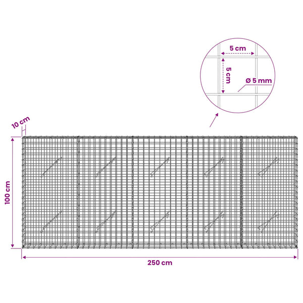Gabion 5 mm langasta ja 5x5 cm verkosta 250x10x100 cm