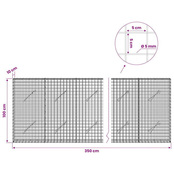 Gabion 5 mm langasta ja 5x5 cm verkosta 350x10x100 cm