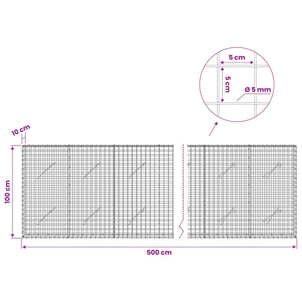 Gabion 5 mm langasta ja 5x5 cm verkosta 500x10x100 cm