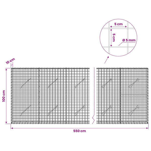 Gabion 5 mm langasta ja 5x5 cm verkosta 550x10x100 cm