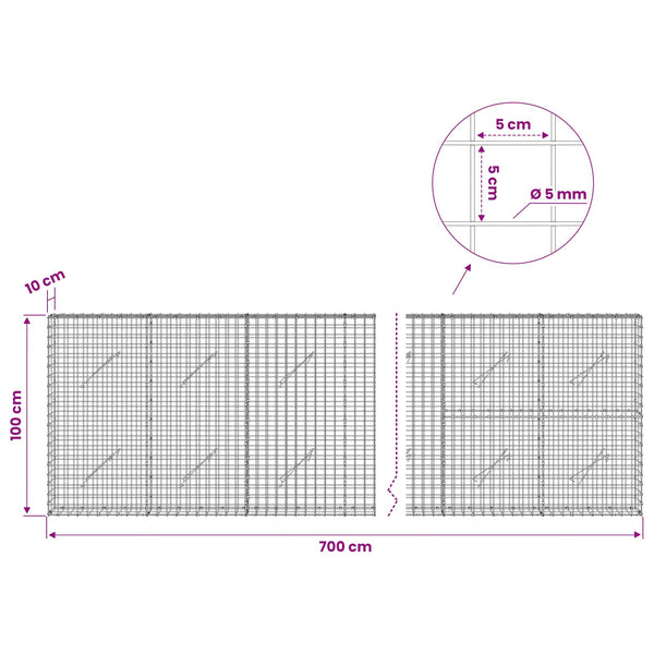Gabion 5 mm langasta ja 5x5 cm verkosta 700x10x100 cm