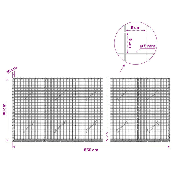 Gabion 5 mm langasta ja 5x5 cm verkosta 850x10x100 cm