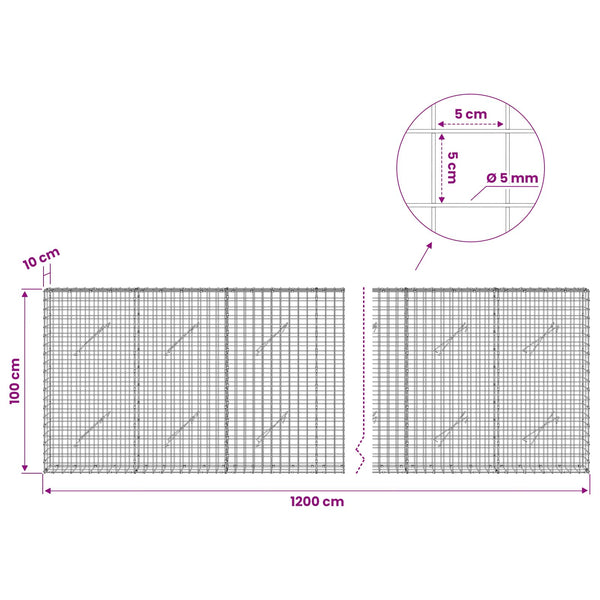 Gabion 5 mm langasta ja 5x5 cm verkosta 1200x10x100 cm