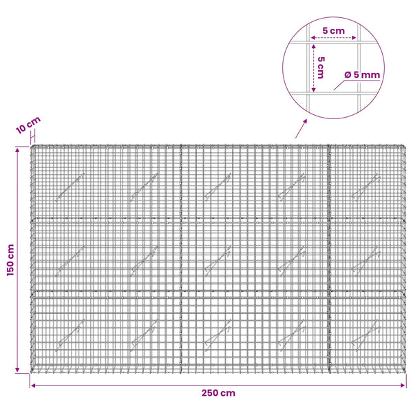 Gabion 5 mm langasta ja 5x5 cm verkosta 250x10x150 cm