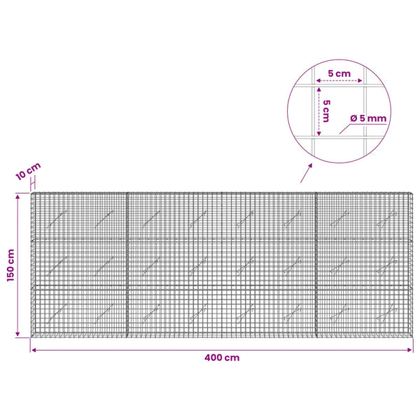Gabion 5 mm langasta ja 5x5 cm verkosta 400x10x150 cm