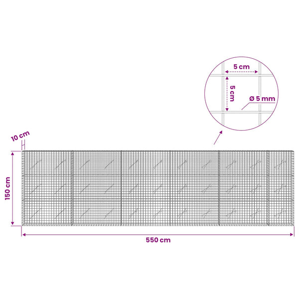Gabion 5 mm langasta ja 5x5 cm verkosta 550x10x150 cm