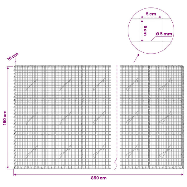 Gabion 5 mm langasta ja 5x5 cm verkosta 850x10x150 cm