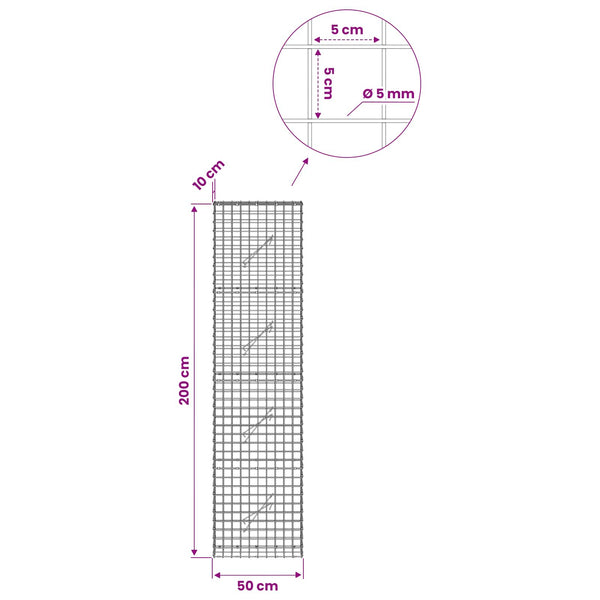 Gabion 5 mm langasta ja 5x5 cm verkosta 50x10x200 cm