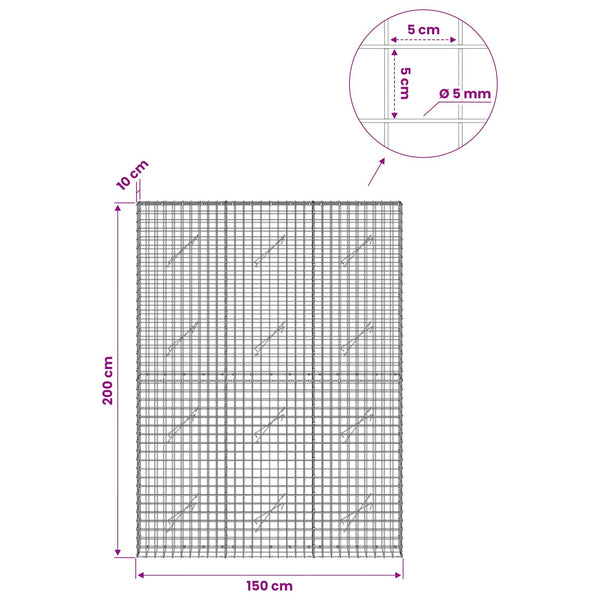 Gabion 5 mm langasta ja 5x5 cm verkosta 150x10x200 cm
