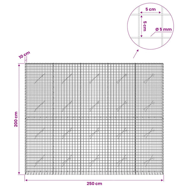 Gabion 5 mm langasta ja 5x5 cm verkosta 250x10x200 cm