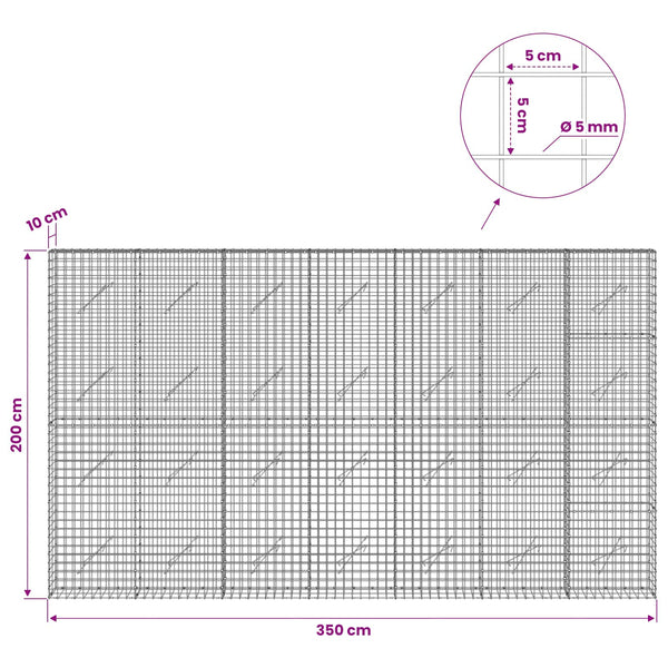 Gabion 5 mm langasta ja 5x5 cm verkosta 350x10x200 cm